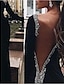abordables Robes de Soirée-Robe robe demoiselle d honneur Fourreau / Colonne Robes de soirée Etincelant Longueur Sol Col V manche longue Satin extensible Avec Paillette 2023