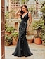 cheap Wedding Guest Dresses-Mermaid Dress Sparkle Red Green Dress Prom Formal Evening Valentine‘s Day Dress V Neck V Back Sleeveless Floor Length Tulle with Sequin Appliques 2024