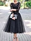 Χαμηλού Κόστους Κοκτέιλ Φορέματα-μαύρο φόρεμα σε γραμμή κοκτέιλ vintage αποκριάτικο φόρεμα με μήκος 3/4 μανίκι κόσμημα λαιμόκοψη φθινοπωρινό τούλι καλεσμένης γάμου με πιέτες δαντέλα ένθετο 2024