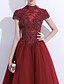 cheap Evening Dresses-A-Line Sparkle Elegant Engagement Formal Evening Dress High Neck Short Sleeve Floor Length Lace Tulle with Beading Appliques 2021