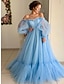 cheap Prom Dresses-A-Line Minimalist Elegant Engagement Prom Dress Off Shoulder Long Sleeve Floor Length Tulle with Pleats Appliques 2022