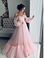 cheap Prom Dresses-A-Line Minimalist Elegant Engagement Prom Dress Off Shoulder Long Sleeve Floor Length Tulle with Pleats Appliques 2022
