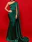 cheap Evening Dresses-Sheath / Column Evening Gown Beautiful Back Dress Party Wear Formal Evening Court Train Sleeveless One Shoulder Stretch Satin with Pleats 2023