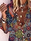 billige Bluser og trøjer til kvinder-Dame Skjorte Bluse Blå Grafiske tryk Knap Trykt mønster Langærmet Daglig Weekend Basale Boheme V-hals Lang Løstsiddende S