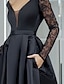 cheap Evening Dresses-A-Line Evening Gown Black Dress Vintage Halloween Wedding Guest Asymmetrical Long Sleeve V Neck Satin with Pleats Lace Insert 2024