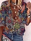 hesapli Kadın Bluzları ve Tişörtleri-Kadın&#039;s Bluz Gömlek Gökküşağı Koyu Mavi Açık Mavi Grafik Çiçekli Desen Uzun Kollu Günlük Nostaljik Tropik Gömlek Yaka Normal Çiçek Teması S