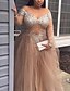 cheap Evening Dresses-A-Line Evening Dresses Glittering Dress Engagement Floor Length Long Sleeve V Neck Tulle with Sequin 2022 / Formal Evening