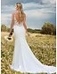 cheap Wedding Dresses-Mermaid / Trumpet Wedding Dresses V Neck Sweep / Brush Train Lace Charmeuse Regular Straps Sexy Backless with Draping Appliques 2022