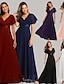 cheap Wedding Guest Dresses-A-Line Prom Dresses Red Green Dress Fall Wedding Guest Dress For Bridesmaid Floor Length Short Sleeve V Neck Chiffon V Back with Ruched Ruffles 2024