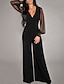 cheap Party Jumpsuits-Women&#039;s Jumpsuit High Waist Mesh Solid Color V Neck Elegant Party Daily Wide Leg Slim Long Sleeve Black Wine S M L Fall