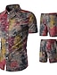 abordables Chemise hawaïenne homme-chemises d&#039;été pour hommes ensembles de pantalons mode costume imprimé floral décontracté à manches courtes boutonné tops shorts tenue (rouge, xxxxxl)