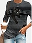 cheap Tees &amp; T Shirts-Women&#039;s Halloween Tunic Funny Tee Shirt T shirt Long Sleeve Striped Cat 3D Cartoon Round Neck Print Basic Funny Tops Regular Fit Blue Yellow Gray / 3D Print