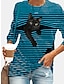 halpa Naisten T-paidat-Naisten Tunika T-paita Hauska t -paita Musta Keltainen Sininen Kissa Raidoitettu Painettu Pitkähihainen Päivittäin Perus Hauska Pyöreä kaula-aukko Pitkä S