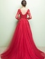 cheap Prom Dresses-A-Line Evening Gown Party Dress Luxurious Dress Wedding Guest Engagement Chapel Train Half Sleeve Illusion Neck Tulle with Beading Appliques 2024