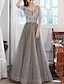 cheap Wedding Guest Dresses-A-Line Sparkle Elegant Wedding Guest Formal Evening Dress V Neck Half Sleeve Floor Length Tulle with Sequin Splicing 2022