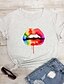 preiswerte T-Shirts für Damen-Damen T-Shirt Regenbogen Lippen Druck Rundhalsausschnitt Oberteile 100% Baumwolle Grundlegend Basic Top Weiß
