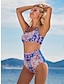 cheap Bikini Sets-Women&#039;s Swimwear 2 Piece Normal Swimsuit Hollow Out Open Back High Waisted Hole Print Leaf Floral Blue T shirt Tee Blouse Strap Bathing Suits New Fashion Party
