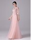 baratos OFERTAS VIP-Linha A Vestidos de noite Império Elegante Vestido Convidado do casamento Noite Formal Longo Decote V Meia Manga Tule com Faixa / Fita Apliques 2022