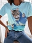 preiswerte T-Shirts-Damen T Shirt Rosa Blau Grün Bedruckt Katze 3D Casual Wochenende Kurzarm Rundhalsausschnitt Basic Standard 3D Cat Farbe S