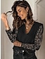 cheap Blouses &amp; Shirts-Women&#039;s Daily Blouse Eyelet top Solid Colored Long Sleeve Lace Tops V Neck Black White
