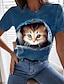 cheap Tees &amp; T Shirts-Women&#039;s T shirt Tee Blue Khaki Print Graphic Cat Going out Weekend Short Sleeve Round Neck Basic Regular 3D Cat S