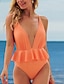 cheap One-Pieces-Women&#039;s Swimwear One Piece Monokini Normal Swimsuit Solid Color Tummy Control Ruffle Open Back Pink Plunge Bathing Suits Party Elegant New / Sexy / Padded Bras
