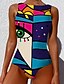 cheap One-piece swimsuits-Women&#039;s Swimwear One Piece Monokini Normal Swimsuit Slim Geometric Color Block Red print Blue print Black print Green print (White) 3 Padded Bathing Suits Sports Active Fashion