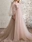 cheap Evening Dresses-A-Line Evening Gown Elegant Dress Engagement Formal Evening Sweep / Brush Train Long Sleeve Scoop Neck Tulle with Pleats Ruched 2024