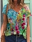 baratos T-Shirts de mulher-Women&#039;s T shirt Tee Green Blue Purple Floral Flower Print Short Sleeve Daily Going out Basic V Neck Regular Loose Fit Floral S / 3D Print
