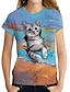 billiga T-shirts för damer-Dam 3D Cat T-shirt Katt Grafisk 3D Tryck Rund hals Grundläggande Blast Blå
