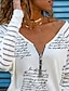 cheap Women&#039;s T-shirts-Women&#039;s T shirt Tee White Letter Quarter Zip Print Long Sleeve Daily Basic V Neck Regular S