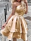 cheap Homecoming Dresses-A-Line Satin Mini Homecoming Dress One Shoulder Minimalist Cocktail Party Dress Dress  Sleeveless Short / Mini With Tier 2024