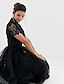 cheap Cocktail Dresses-A-Line Cocktail Dresses Black Dress Party Wear Wedding Guest Tea Length Short Sleeve High Neck Wednesday Addams Family Lace with Pleats 2024