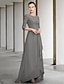 cheap Mother of the Bride Dresses-A-Line Mother of the Bride Dress Elegant High Low Jewel Neck Floor Length Chiffon Lace Half Sleeve with Pleats Ruffles Appliques 2023