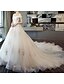cheap Wedding Dresses-Ball Gown Wedding Dresses Off Shoulder Watteau Train Lace Tulle Short Sleeve Formal Romantic Wedding Dress in Color Plus Size with Lace Pearls Lace Insert 2022