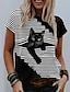 cheap Tees &amp; T Shirts-Women&#039;s T shirt Striped 3D Cat Striped Cat Graphic Round Neck Print Basic Vintage Tops Black / 3D Print