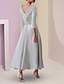 cheap Mother of the Bride Dresses-A-Line Mother of the Bride Dress Wedding Guest Elegant Vintage Plus Size Bateau Neck Tea Length Satin 3/4 Length Sleeve with Beading 2024