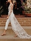 Χαμηλού Κόστους Νυφικά Φορέματα-Αίθουσα Ανοικτή Πλάτη Φορεματα για γαμο Ολόσωμη φόρμα Λαιμός σέσουλα Μακρυμάνικο Ουρά Δαντέλα Νυφικά φορέματα Με Λουλούδι 2024