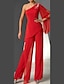 cheap Mother of the Bride Pantsuits-Two Piece Jumpsuit / Pantsuit Mother of the Bride Dress Elegant Vintage One Shoulder Floor Length Chiffon Long Sleeve with Pleats 2024