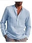 cheap Men&#039;s Casual Shirts-Men&#039;s Shirt Solid Color Collar V Neck Street Beach Long Sleeve Tops Cotton Lightweight Casual / Sporty Breathable Henley Light Blue White Black / Wet and Dry Cleaning