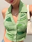cheap Sweater Vest-Women&#039;s Sweater Vest Jumper Knit Cropped Open Back Knitted Striped Shirt Collar Fall Spring Green White S M L / Sleeveless / Check / Geometric / Regular Fit / Sleeveless
