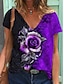 olcso Női pólók-Női Póló Bíbor Narancssárga Rubin Virágos Növények Rövid ujjú Napi Alap V-alakú Szokványos Virágos téma S / 3D nyomtatás