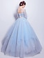 cheap Quinceanera Dresses-Ball Gown Prom Dresses Elegant Dress Quinceanera Engagement Floor Length 3/4 Length Sleeve Illusion Neck Tulle with Pleats Appliques 2024