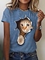 Χαμηλού Κόστους Γυναικεία T-Shirts-Γυναικεία Μπλουζάκι Μαύρο Λευκό Θαλασσί Γραφική Γάτα Στάμπα Κοντομάνικο Καθημερινά Σαββατοκύριακο Βίντατζ Στρογγυλή Λαιμόκοψη Κανονικό 3D Cat Ζωγραφιά Τ