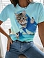 cheap Women&#039;s T-shirts-Women&#039;s T shirt Tee Designer 3D Print Cat Graphic 3D Design Short Sleeve Round Neck Daily Print Clothing Clothes Designer Basic Blue
