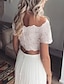 cheap Wedding Dresses-Beach Boho Wedding Dresses Two Piece Off Shoulder Short Sleeve Floor Length Chiffon Bridal Gowns With Pleats / 2024