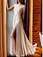 cheap Evening Dresses-A-Line Empire Sparkle Wedding Guest Prom Dress V Neck Half Sleeve Floor Length Chiffon with Appliques Split Front 2022