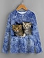 billige piges 3d t-shirts-børn kat 3d print t-shirt langærmet blå grå dyreprint skole dagligt slid aktiv 4-12 år / efterår