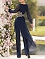 cheap Mother of the Bride Pantsuits-Jumpsuit / Pantsuit Mother of the Bride Dress Formal Elegant V Neck Floor Length Chiffon Lace Long Sleeve with Appliques 2023