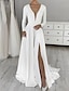 preiswerte Hochzeitskleider-Einfache Brautkleider im Saalstil, A-Linie, V-Ausschnitt, lange Ärmel, Sweep/Pinselzug, Brautkleider aus Stretchstoff mit 2024